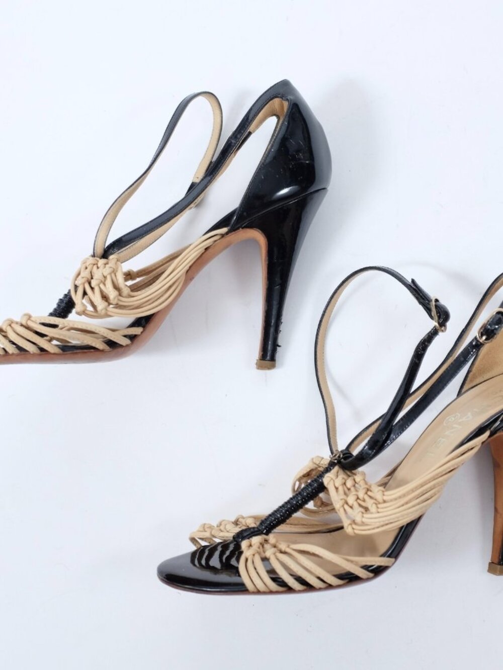 CHANEL shoes sandals 37.5 US 7 open toe strappy ankle strap black beige - Picture 3 of 7